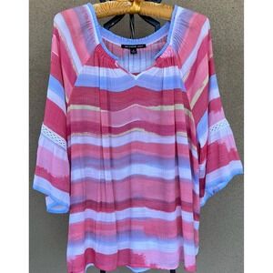 Zac & Rachel Women's Blouse Top Striped Pastel 3/4 Sleeve Crochet V-Neck 2X‎